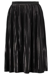 Jupe plissée noire avec une finition brillante, dotée d'une taille élastique. Design fluide avec des accents de texture verticaux sur toute la surface.