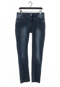 Mörkblå denimjeans med slim fit, fem fickor, metallknappstängning och kontrasterande sömmar längs sömmarna.