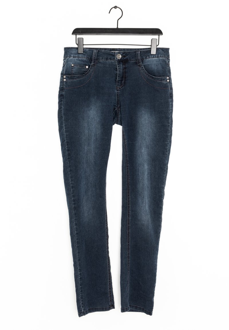 Mörkblå denimjeans med slim fit, fem fickor, metallknappstängning och kontrasterande sömmar längs sömmarna.