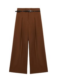 Bruine wijde broek met plooien aan de voorkant, een hoge taille en een zwarte riem met een metalen gesp. Vlekkeloze stof met een maatwerk ontwerp.