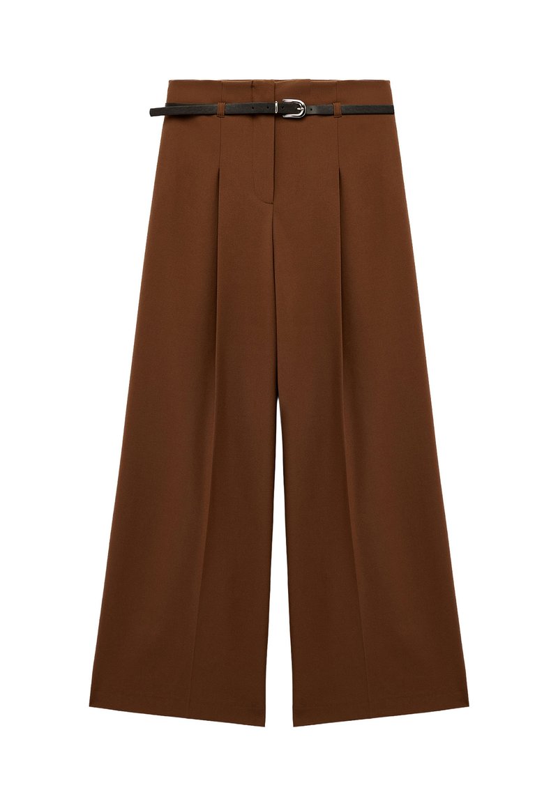 Bruine wijde broek met plooien aan de voorkant, een hoge taille en een zwarte riem met een metalen gesp. Vlekkeloze stof met een maatwerk ontwerp.