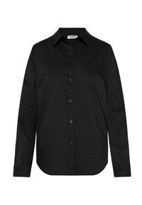 Black long-sleeve button-up shirt made from cotton, featuring a pointed collar and smooth texture, with a rounded hem and subtle buttons.