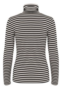 Black and cream striped long-sleeve turtleneck, featuring a fitted design and soft texture, with a high collar and straight hem.