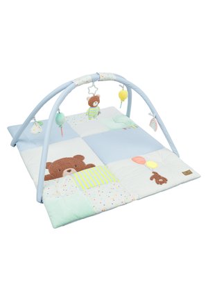 Soft blue and white baby play mat with bear designs, padded arches, and hanging plush toys shaped like animals and balloons.