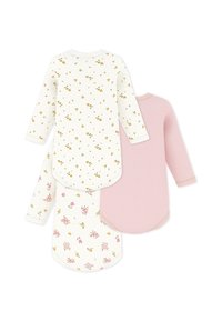 Τρία κορμάκια με μακρύ μανίκι: ένα λευκό με κίτρινο και πράσινο λουλουδάτο σχέδιο, ένα ροζ μονόχρωμο και ένα λευκό με ροζ λουλουδάτο σχέδιο. Μαλακό ύφασμα.