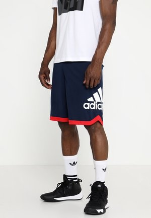 Man draagt marineblauwe Adidas-short met rode bies, witte Adidas-sokken, zwarte Adidas-sneakers en een wit T-shirt met een zwarte afbeelding.