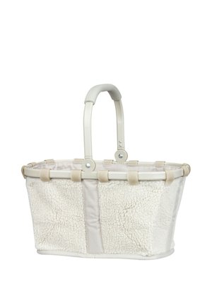 Faltbarer weißer Korb mit weich texturierten Stoffseiten und einem gebogenen Griff mit gepolstertem Griffbereich, dargestellt vor weißem Hintergrund.