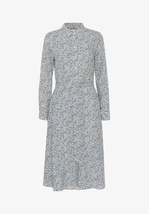 Abito a maniche lunghe blu e bianco a fiori con colletto, vita aderente e chiusura a bottoni, caratterizzato da un orlo fino al ginocchio e una trama sottile.