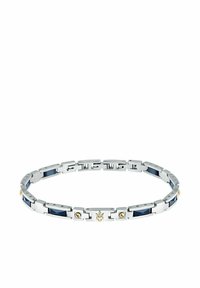 Bracciale argento con accenti blu, caratterizzato da maglie rettangolari e hardware dorato, che incorpora un emblema a tridente e una finitura liscia.