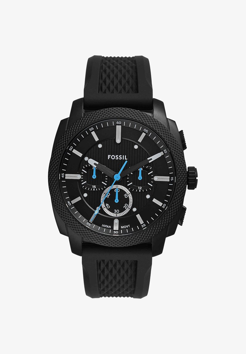 Montre chronographe noire Fossil avec lunette texturée, cadran noir, aiguilles bleues et grises, trois sous-cadrans et bracelet en caoutchouc noir texturé.