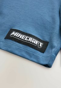 Sinine puuvillane t-särk, mille alumises servas on musta tikandi märgistus sõnadega "MINECRAFT" valgetes plokk-kirjades. Sile tekstuur.