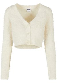 Cardigan court beige crème en tissu duveteux, col en V, manches longues, avec trois boutons à l'avant, étiquette Urban Classics, taille XS.