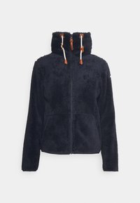 Giacca in pile blu navy con colletto alto, chiusura con zip e cordini regolabili. Tessuto morbido e due tasche frontali.