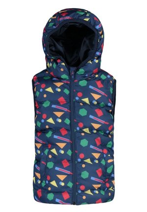 Marineblaue, wattierte ärmellose Kapuzenweste mit Muster aus bunten geometrischen Formen, darunter Dreiecke, Sechsecke, Kreise und Rechtecke.