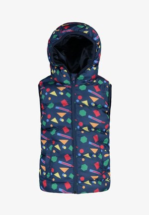 Gilet imbottito senza maniche blu navy con cappuccio, decorato con un motivo di forme geometriche colorate tra cui triangoli, esagoni, cerchi e rettangoli.