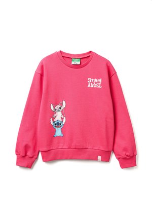 Felpa rosa con una grafica di due personaggi dei cartoni animati, Stitch e Angel, con polsini a costine e scollatura a girocollo.
