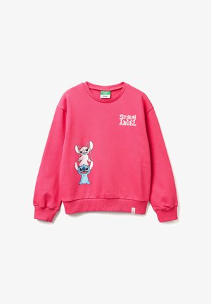 Růžová mikina s grafikou dvou kreslených postaviček, Stitcha a Angely, s ribovanými manžetami a kulatým výstřihem.