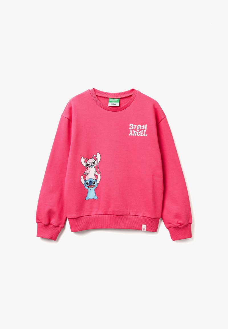 Felpa rosa con una grafica di due personaggi dei cartoni animati, Stitch e Angel, con polsini a costine e scollatura a girocollo.