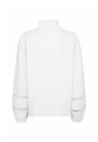 Blusa bianca con scollatura arricciata e maniche lunghe a sbuffo con dettagli in pizzo ai polsini. Tessuto di cotone liscio, vestibilità comoda.
