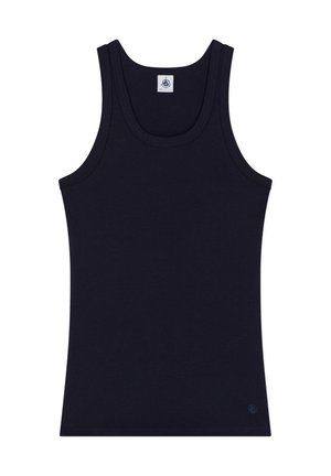 Marineblauwe tanktop gemaakt van ademend materiaal. Heeft een ronde halslijn en brede schouderbanden. Zachte textuur met een aansluitende pasvorm.