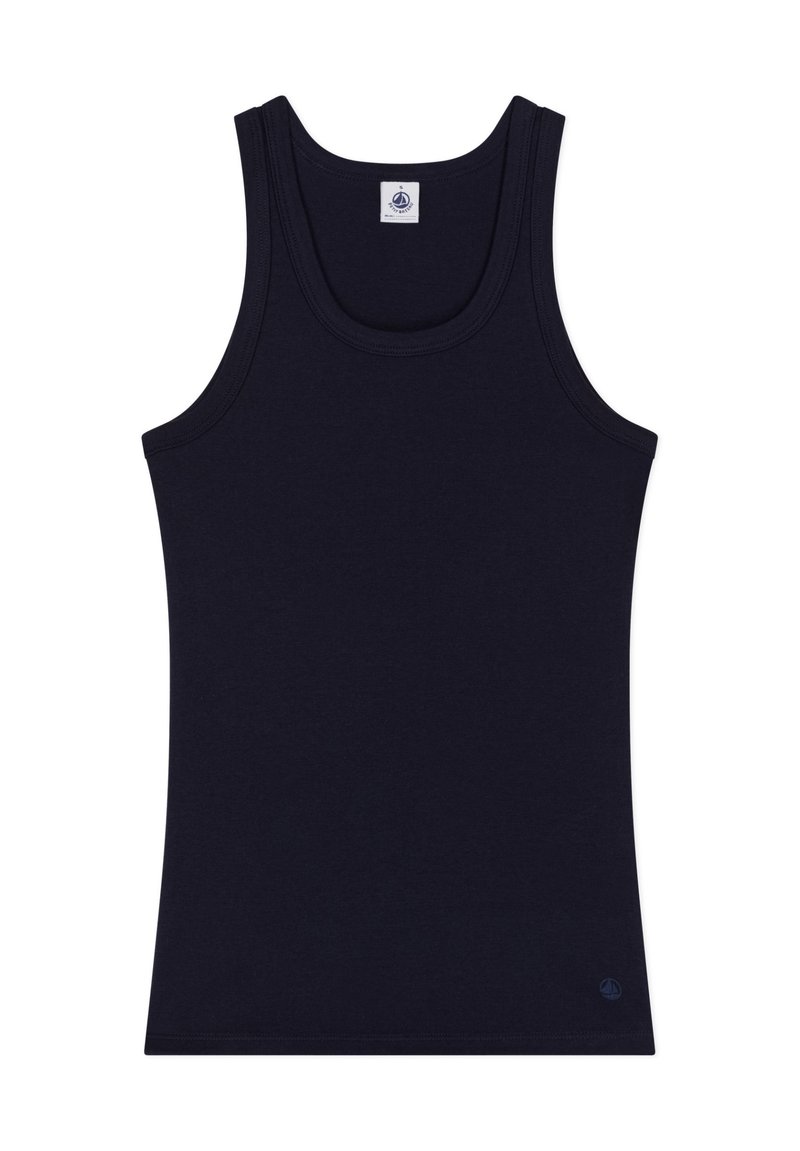 Canotta blu navy realizzata in tessuto traspirante. Presenta un collo rotondo e spalline larghe. Texture morbida con una vestibilità attillata.