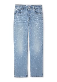 Jeans de denim azul claro con corte recto, que presentan puntos blancos dispersos por la tela. Diseño de cinco bolsillos y cierre con botón de metal.