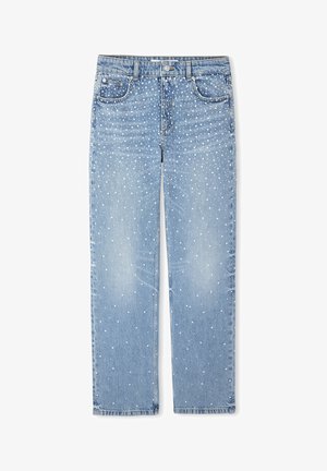 Jean en denim bleu clair avec une coupe droite, présentant des points blancs dispersés sur le tissu. Design à cinq poches et fermeture à bouton en métal.