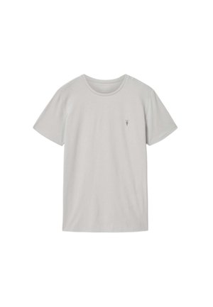 Lysegrå T-shirt med korte ærmer og rund hals, med lille mørkegråt dyrelogo på venstre bryst, ensfarvet design.