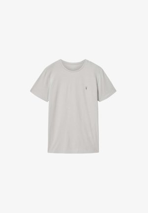 T-shirt gris clair à manches courtes et col rond avec petit logo animal gris foncé sur le côté gauche de la poitrine, design simple.