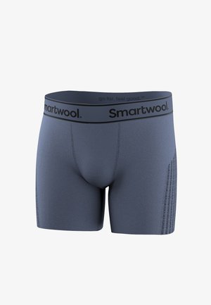 Blaue nahtlose Boxer-Briefs mit schwarzem "Smartwool"-gebrandeten Bund und strukturierten Seitenpaneelen für Atmungsaktivität und Komfort.