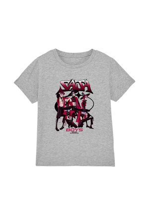 Gray short-sleeve t-shirt featuring a graphic print of stylized characters in red and black with the text "SATA BOYS." Smooth fabric texture.