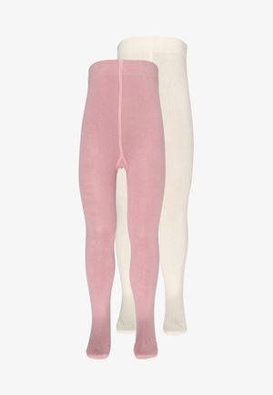 Zwei Strumpfhosen in Pink und Weiß. Die Strumpfhosen sind glatt, mit einer einheitlichen Textur und festen Farben, und verfügen über ein hohes Taillenbündchen.