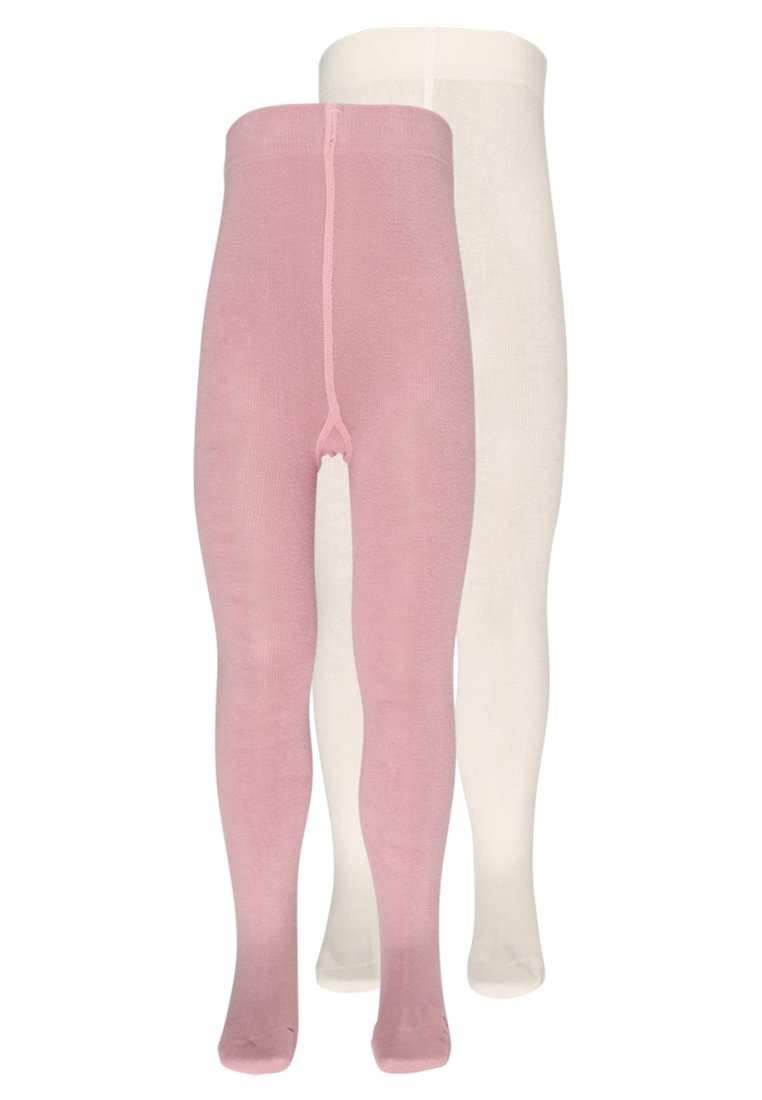 To par med strømpebukser i rosa og hvit. Strømpebuksene er glatte, har en jevn tekstur og solide farger, med et høyt livdesign.