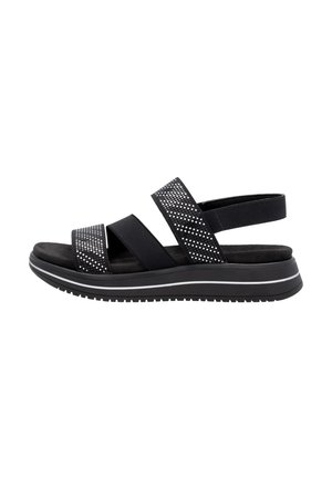 Black sandal with two wide elastic straps featuring a textured pattern, a cushioned sole, and a slight platform with white accent lines.