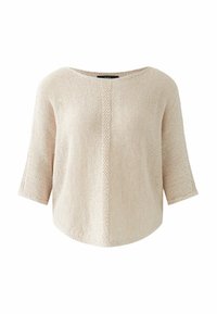 Maglione lavorato a maglia beige con vestibilità rilassata, scollatura ampia e maniche a tre quarti. Presenta una cucitura centrale testurizzata e un orlo piatto.