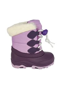 Botte d'hiver isolante violette et rose avec doublure en polaire blanche, semelle en caoutchouc et lacets blancs réglables avec un verrou violet.