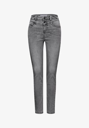 Engverbundene Jeans in verblasstem grauen Denim, mit hohem Bund, zwei vorderen Taschen und doppelter Knopfverschluss. Glatte Textur mit dezentem Used-Look.