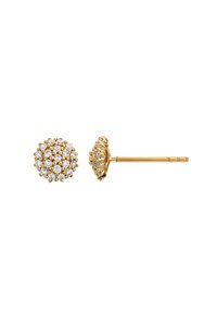 Goldene Ohrstecker mit sphärischem Design, verziert mit Gruppen von kleinen, klaren Kristallen und einem Druckverschluss.