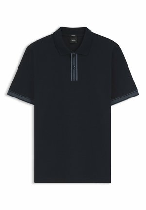 Zwart poloshirt met korte mouwen en kraag, twee knoopjes aan de sluiting met grijze strepen, en bijpassende grijze streep-accenten op de mouwboorden.