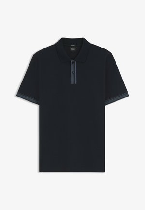 Black short-sleeve polo shirt with collar, two-button placket with gray stripes, and matching gray stripe accents on sleeve cuffs.