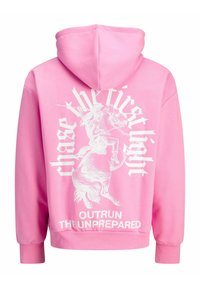 Sudadera rosa con un gráfico blanco de un unicornio y texto que dice "Persigue la Primera Luz" y "Sobrepasa a los No Preparados."