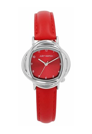 Rote Lederarmbanduhr mit runden Gehäuse aus silberfarbenem Metall, rotem Ziffernblatt, weißen Stundenmarkierungen und zwei weißen Zeigern. Metallakzente sind vorhanden.