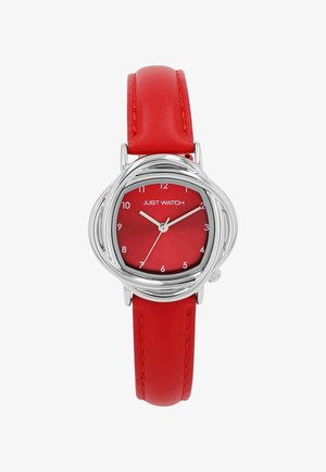 Red leather strap watch with a round silver-tone case, a red dial, white hour markers, and two white hands. Metal accents are present.
