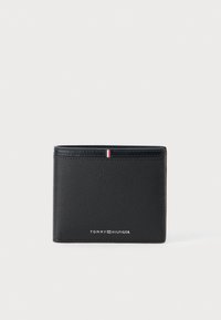 Black leather wallet with a textured finish, featuring a subtle red, white, and blue accent and embossed brand logo on the front.