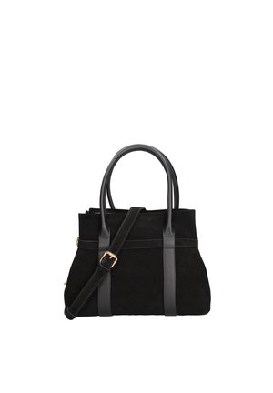 Borsa a mano in suede nero con due manici superiori e tracolla regolabile con fibbia in metallo dorato.