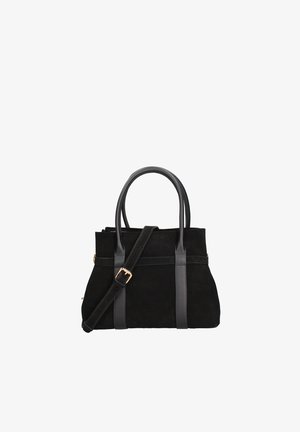 Borsa a mano in suede nero con due manici superiori e tracolla regolabile con fibbia in metallo dorato.