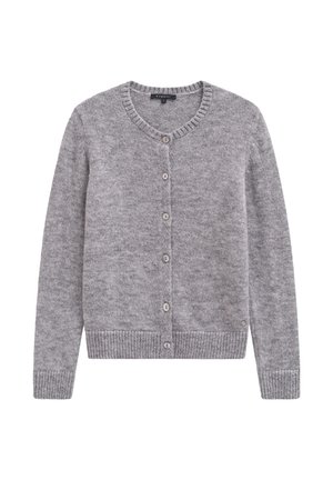 Grau gestrickte Strickjacke mit rundem Ausschnitt, langen Ärmeln und fünf Knöpfen vorne. Gerippte Bündchen und Saum.