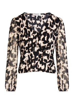 Blouse à manches longues avec un motif abstrait audacieux en noir et crème, dotée d'un décolleté en V et d'une taille froncée pour un look ajusté.