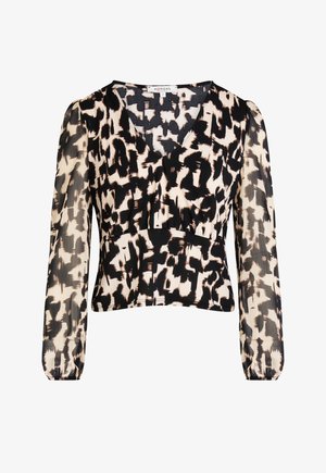 Langärmlige Bluse mit einem auffälligen schwarz und cremefarbenen abstrakten Muster, V-Ausschnitt und geraffter Taille für eine taillierte Optik.