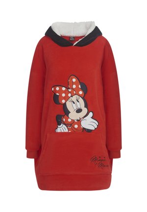 Abito con cappuccio in pile rosso, foderato in sherpa bianco, con un design stampato di Minnie Mouse e una tasca frontale, dettagli neri e polsini elasticizzati.